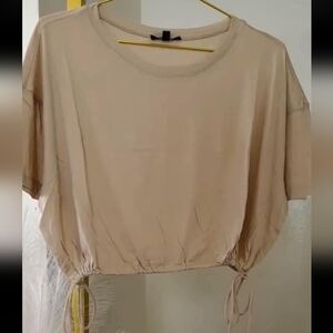 Women's Beige Drawstring Hem Short Sleeve Top